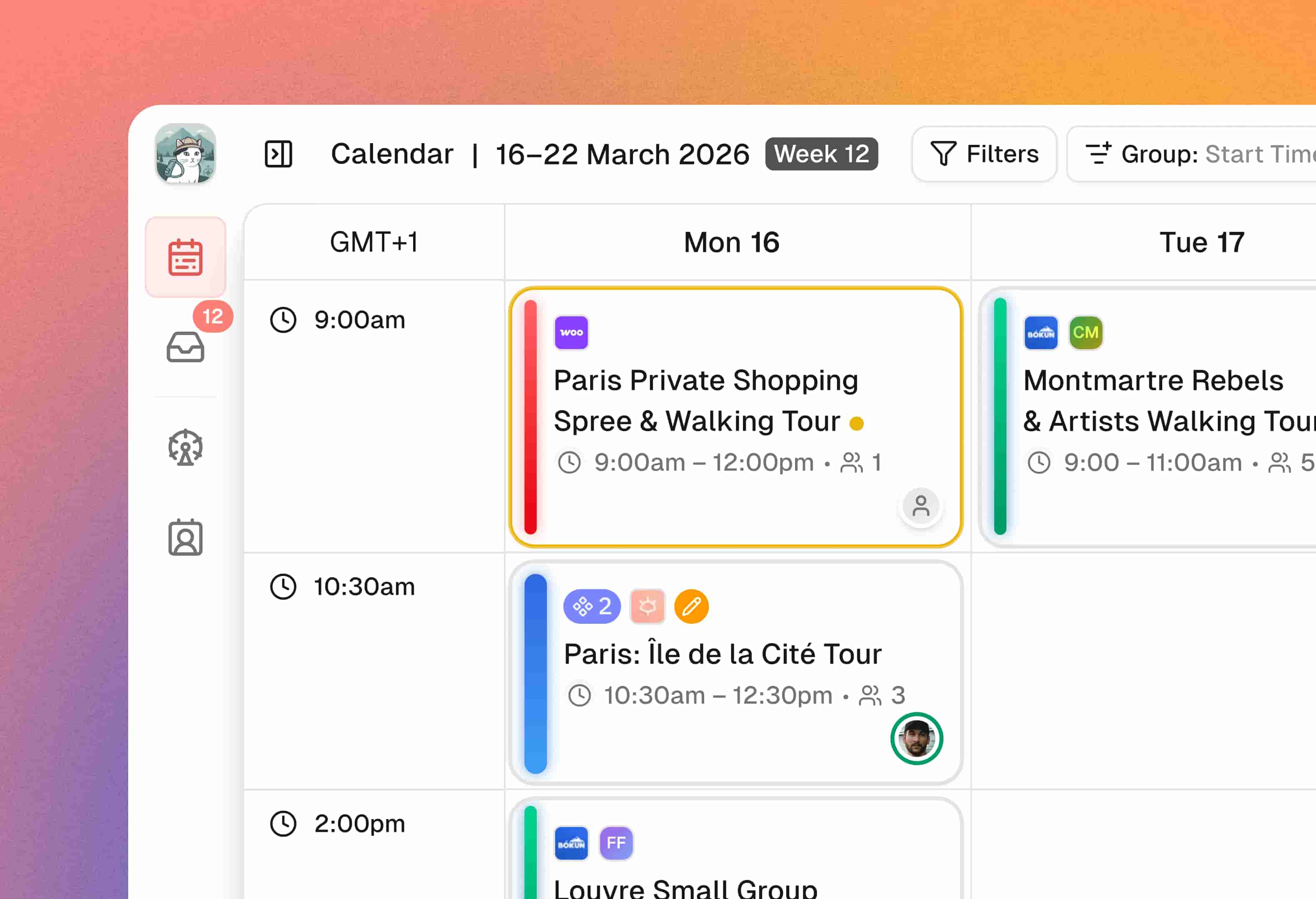 Calendar view showing bookings, guides, and OTA channels in a unified timeline