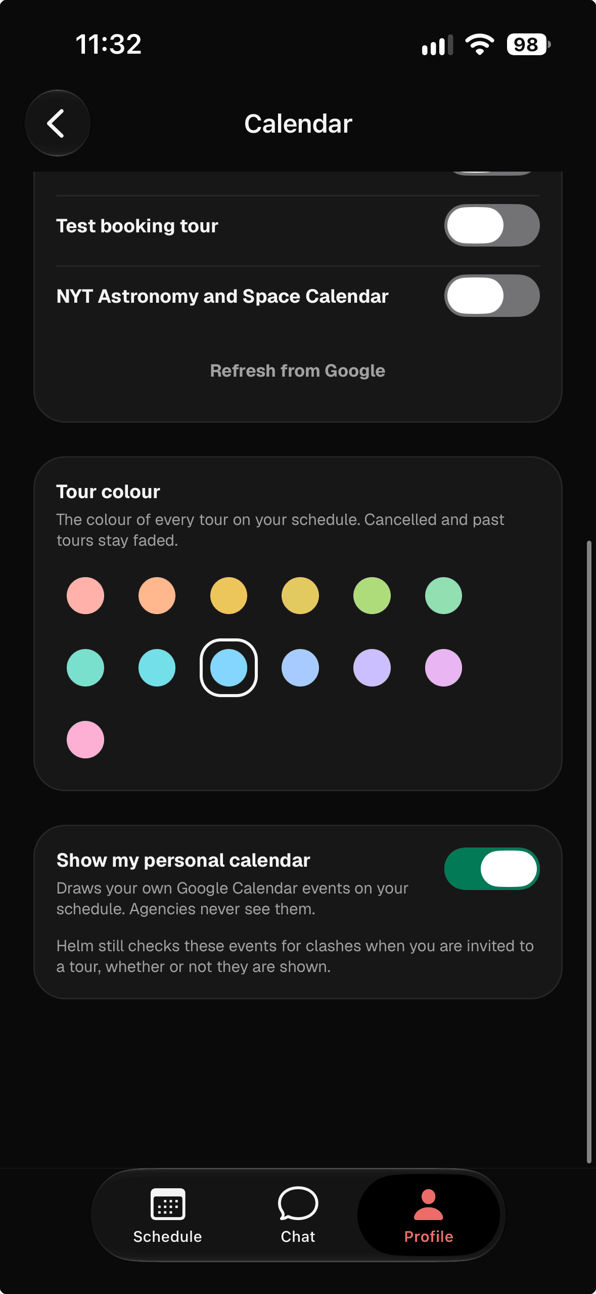 The Calendar screen of the Helm mobile app: one row per Google calendar with a toggle, a Refresh from Google button, the tour colour picker, and the Show my personal calendar switch