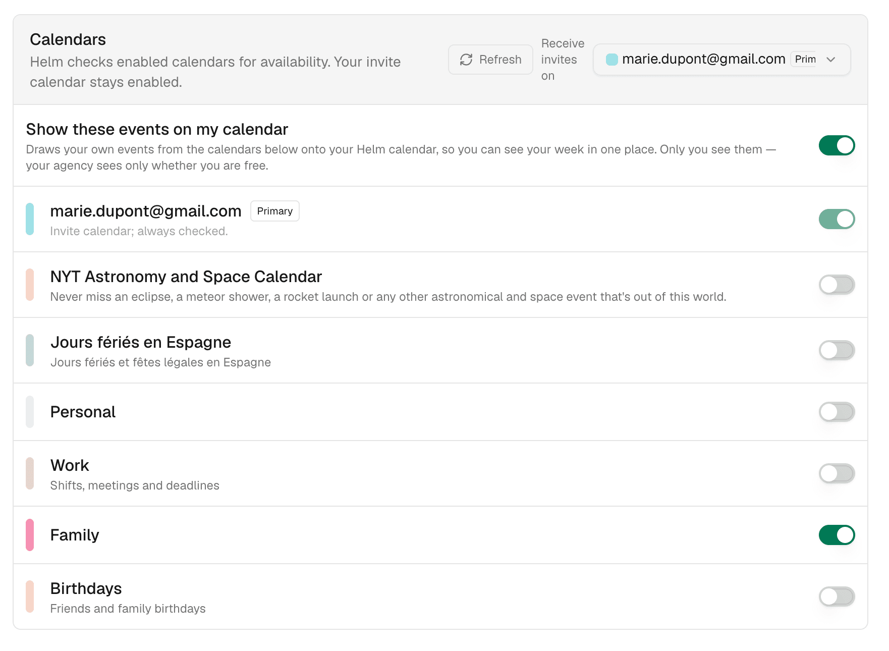 The Calendars section of Helm's Personal details settings: a Refresh button, a Receive invites on picker, a Show these events on my calendar switch, and one row per Google calendar with a toggle