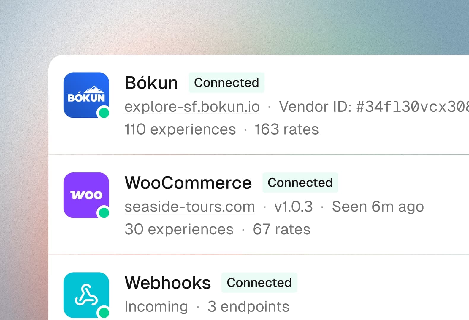 Integration dashboard connecting Bókun, Viator, and other booking platforms