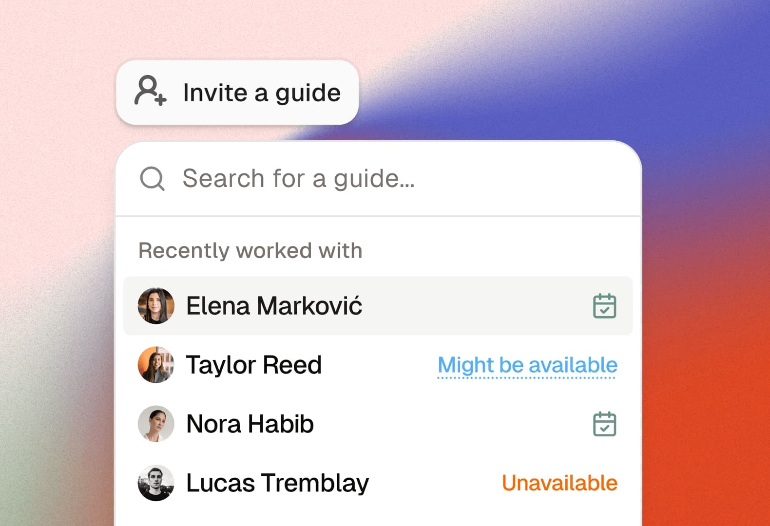 Guide assignment panel with availability indicators and confirmation status